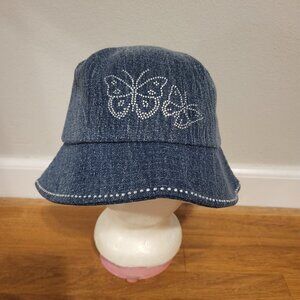 Urban Outfitters Demin Style Bucket Hat Rhinestone Butterflies Trim Festival